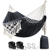 ANYOO hammock front view showing full bed and tassels for stylish comfort