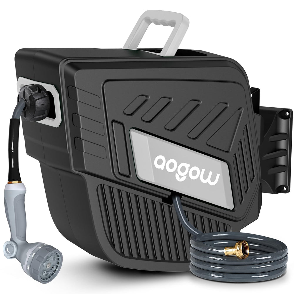 AOGOW front view of retractable hose reel showing compact storage and tidy yard benefit