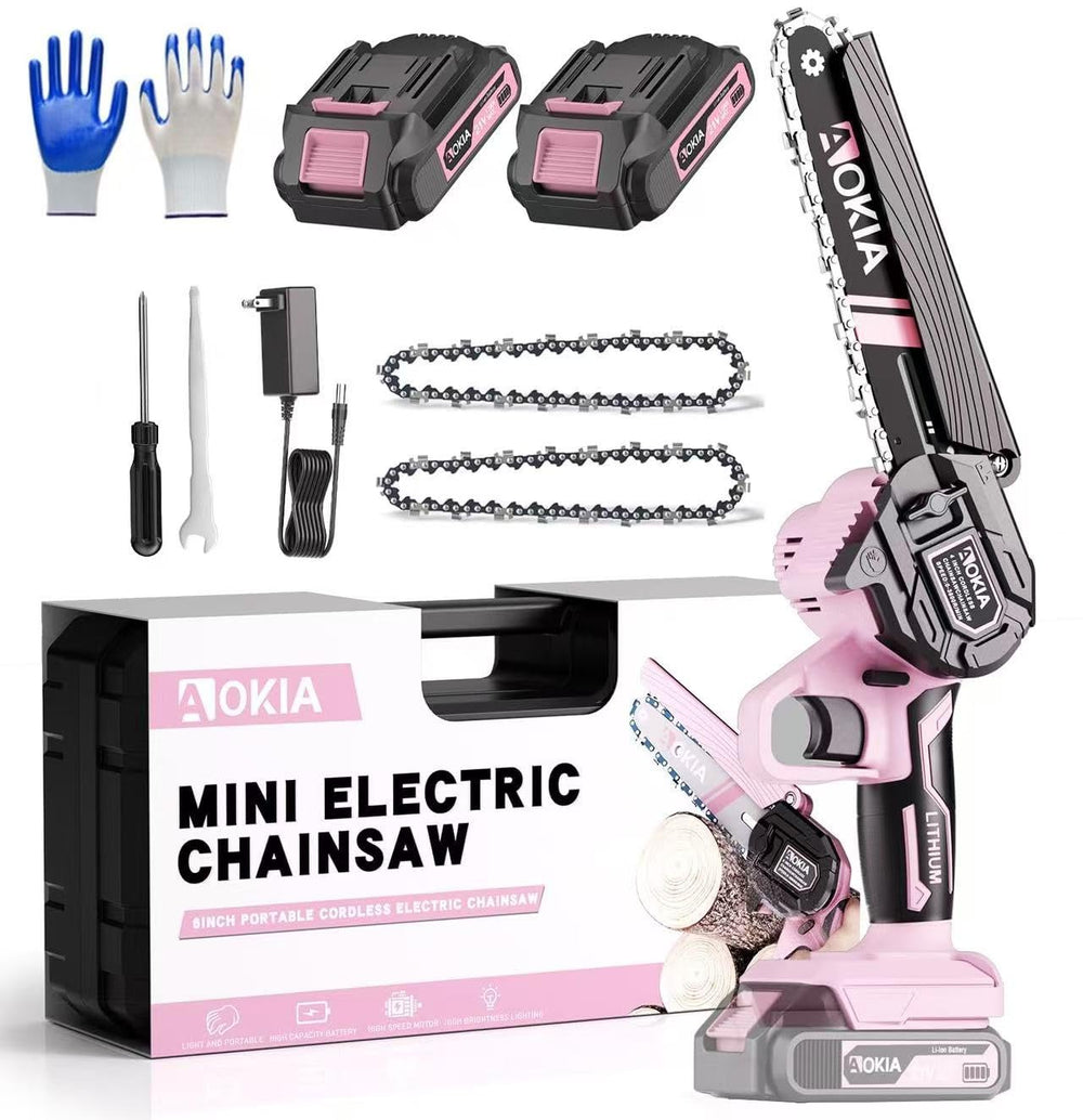 Aokia mini chainsaw front view showing compact pink body and bar, easy portability