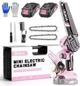 Aokia mini chainsaw front view showing compact pink body and bar, easy portability