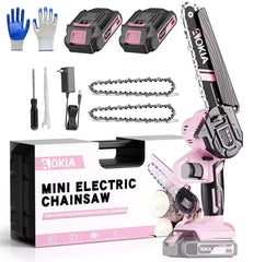 Aokia mini chainsaw front view showing compact pink body and bar, easy portability
