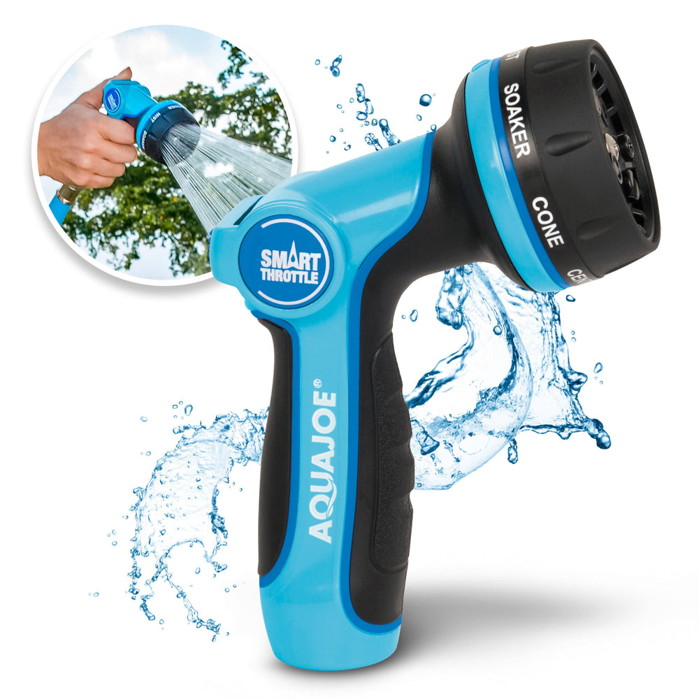 Aqua Joe front view of metal multi-function nozzle showing full profile and benefits
