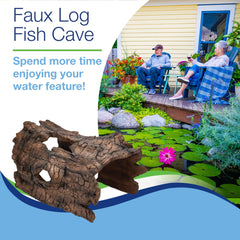 Aquascape faux log in pond setting protecting fish while enhancing landscape