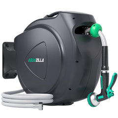 AQUAZILLA front view of mounted reel showing compact storage and neat rewind