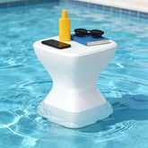 Aquenelle front view of white side table showing stable footprint and modern look, practical for outdoors