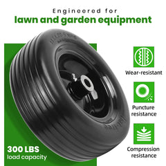 AR-PRO wheel installed on mower front showing stable, flat-free performance