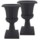 Arcadia Garden Products front view of black pedestal urn showing elegant shape and instant curb appeal