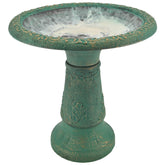 Arcadia Garden Products front view showing antique green bird bath enhancing patio