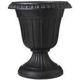 Arcadia Garden front view of black urn showing classic pedestal and fluted bowl appeal