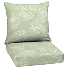 Arden Selections front view of cushion set showing coastal green leaf print and fit benefit