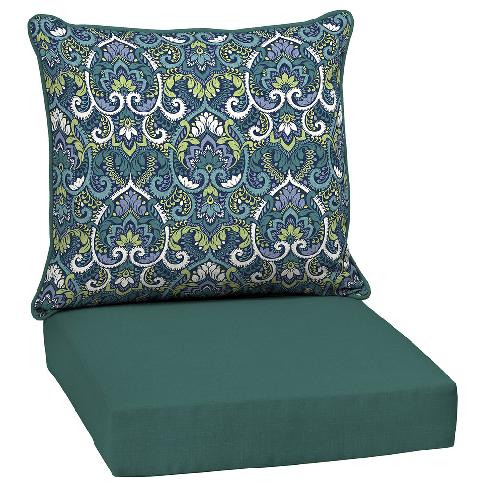 Arden Selections front view showing blue damask cushions for immediate outdoor comfort