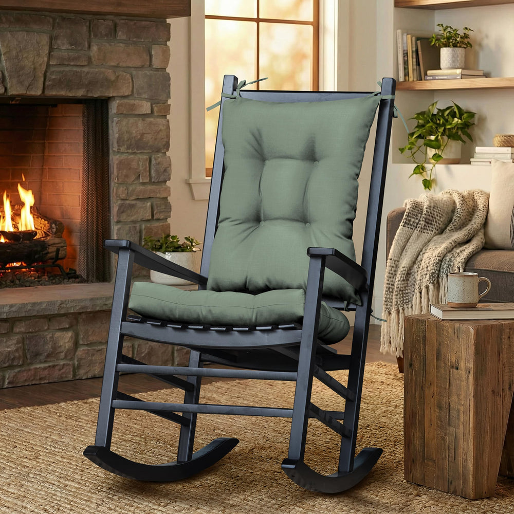 Arden Selections front view of sage green rocking chair cushion showing fit and style benefit
