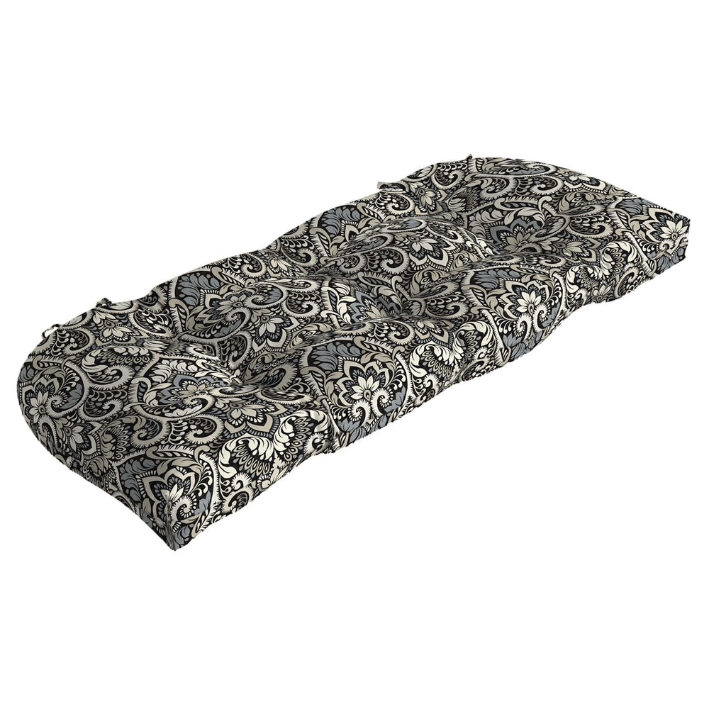 Arden Selections front view of black damask settee cushion showing tailored fit and style