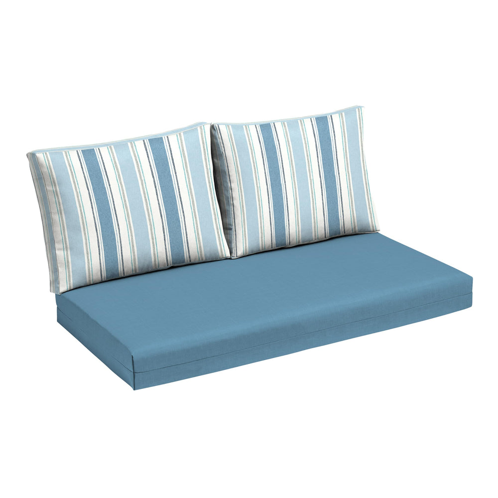 Arden Selections front view of French blue linen stripe loveseat cushions showing style and fit
