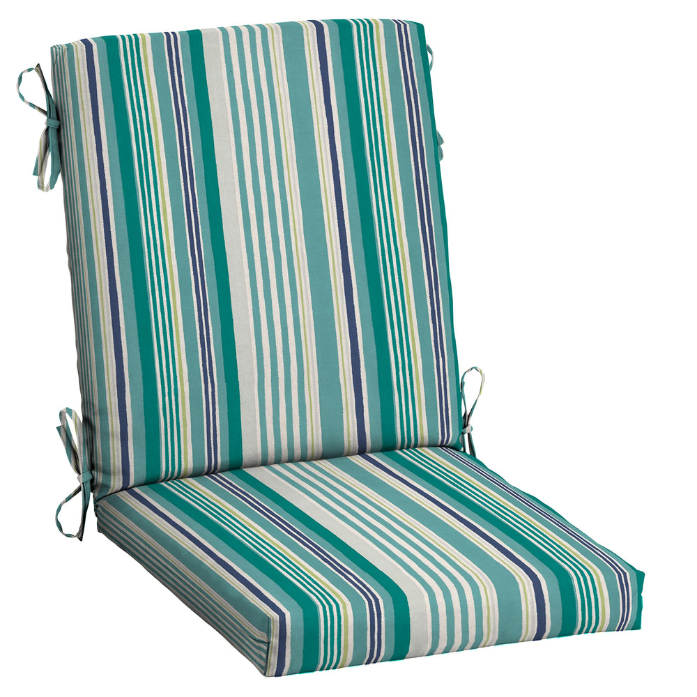 Arden Selections front view of teal cobalt stripe cushion showing full color and fit benefits