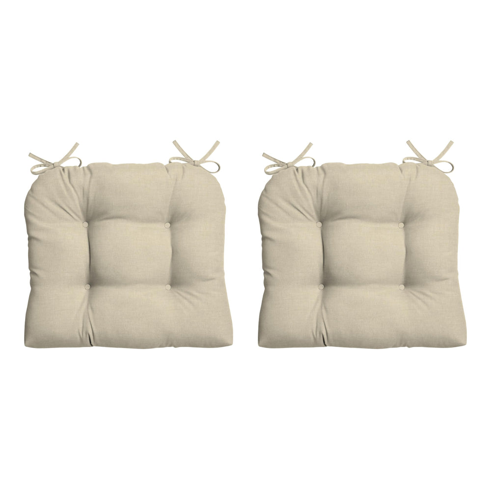 Arden Selections front view of two tan wicker chair cushions showing fit and style