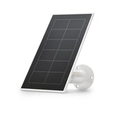 Arlo solar panel front view showing sleek white finish and weather-resistant build for reliable charging