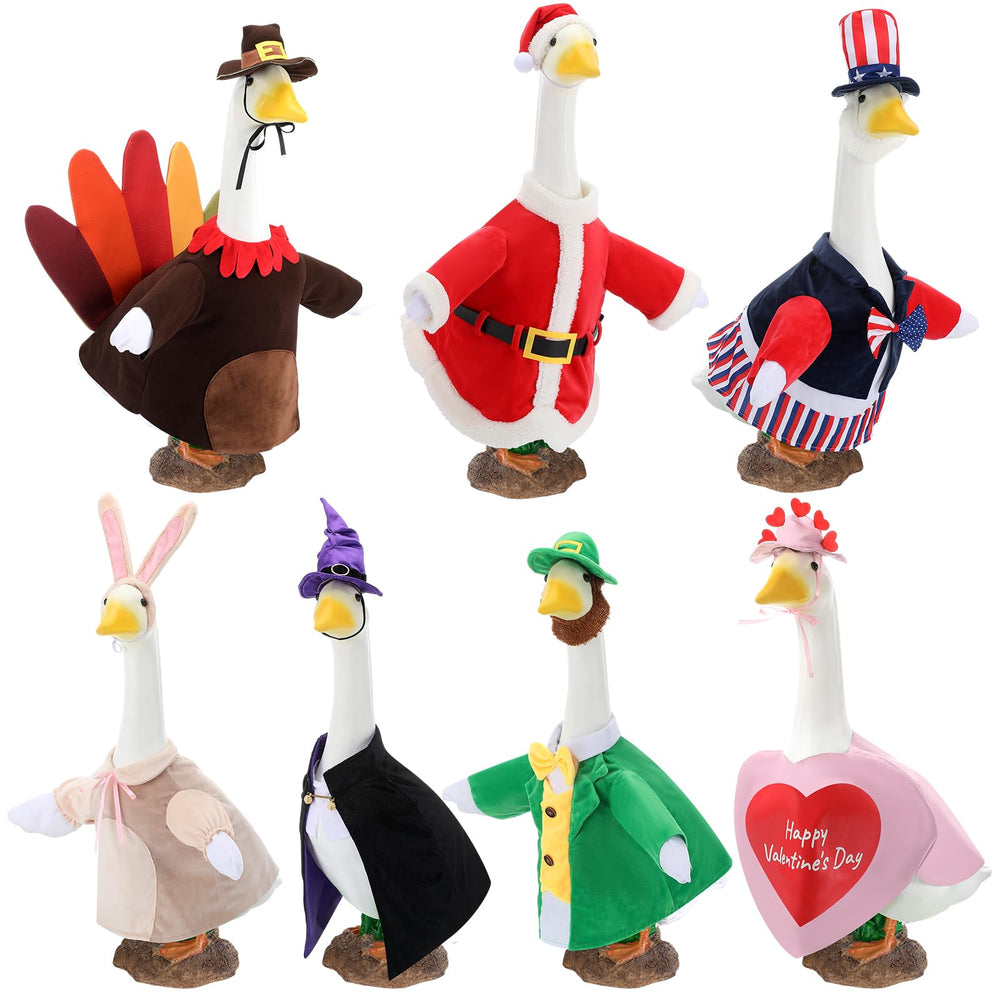 Arrowbash front view of all seven goose outfits showing festive variety and quick decor refresh