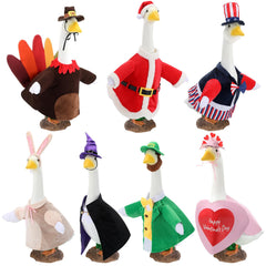 Arrowbash front view of all seven goose outfits showing festive variety and quick decor refresh