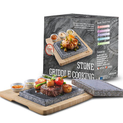 Artestia front view showing full hot steak stone set and serving tray benefit presentation