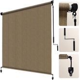 Artpuch front view walnut roller shade providing shaded patio comfort