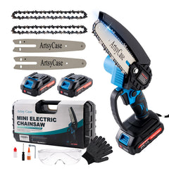 ARTSYCASE mini chainsaw front view showing compact design and portability