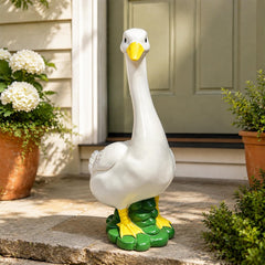 ASDFG front view of goose statue showing playful porch focal point
