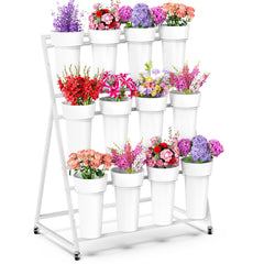 Asee'm front view of white flower cart showing tidy vertical display and easy access