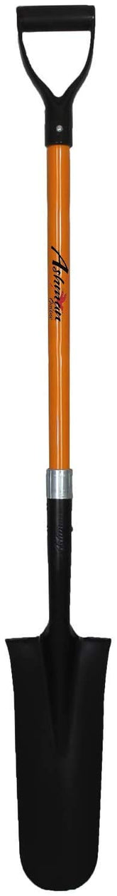 Ashman front view of orange drain spade showing full length and D-handle for clear identification and reach