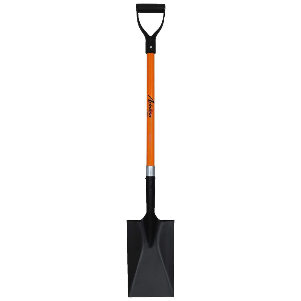 Ashman front view of orange spade shovel showing full blade and shaft for visibility