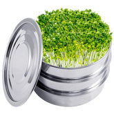 Aulock front view of assembled stainless steel sprouting kit showing durable construction and compact size
