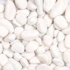 Ausluru front packaging showing 20lb white river rocks and benefits for decor