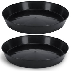 Austin Planter front view of two black saucers showing full diameter and rim, protects surfaces
