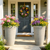 AUTODAYA front view of two ivory fluted planters showing elegant curb appeal