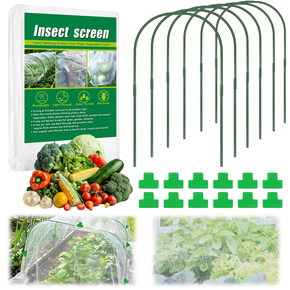 Axcoix front view of complete netting kit showing net, hoops and clips protecting plants