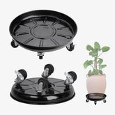 AyaLight front view of black metal plant caddy showing sturdy platform and wheels