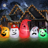 B&D front view showing five pirate ghost inflatables lighting yard