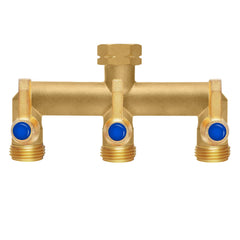 BACASIN front view of brass splitter showing sturdy build and three outlets