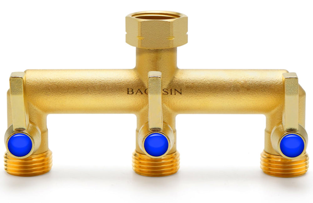 BACASIN brass splitter front view showing three-way control and durable build benefit