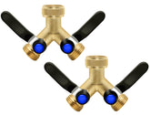BACASIN front view of two 2-way brass hose splitters showing durable build and twin outlets