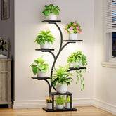 BACEKOLL front view of lighted plant stand showing organized greenery and stability