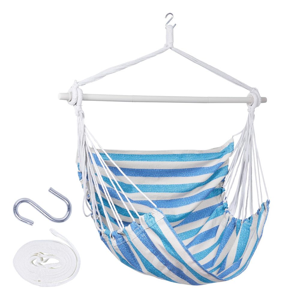 Backyard Expressions front view striped hammock chair showing whole seat and hanging setup for comfort