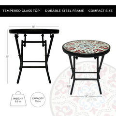 Backyard Expressions folding patio side table in use on deck next to chair, compact convenient surface