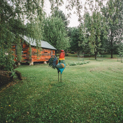 Backyard Expressions rooster beside a chair illustrating scale and placement guidance