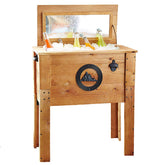 Backyard Expressions front view of cooler showing wood exterior and mountain emblem, enhances outdoor style