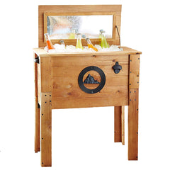 Backyard Expressions front view of cooler showing wood exterior and mountain emblem, enhances outdoor style