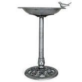 Backyard Expressions bird bath front view showing elegant silver finish and backyard appeal