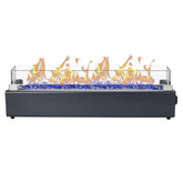 BAIDE HOME front view of tabletop fire pit showing sleek carbon gray finish and flames, enhances patio ambiance