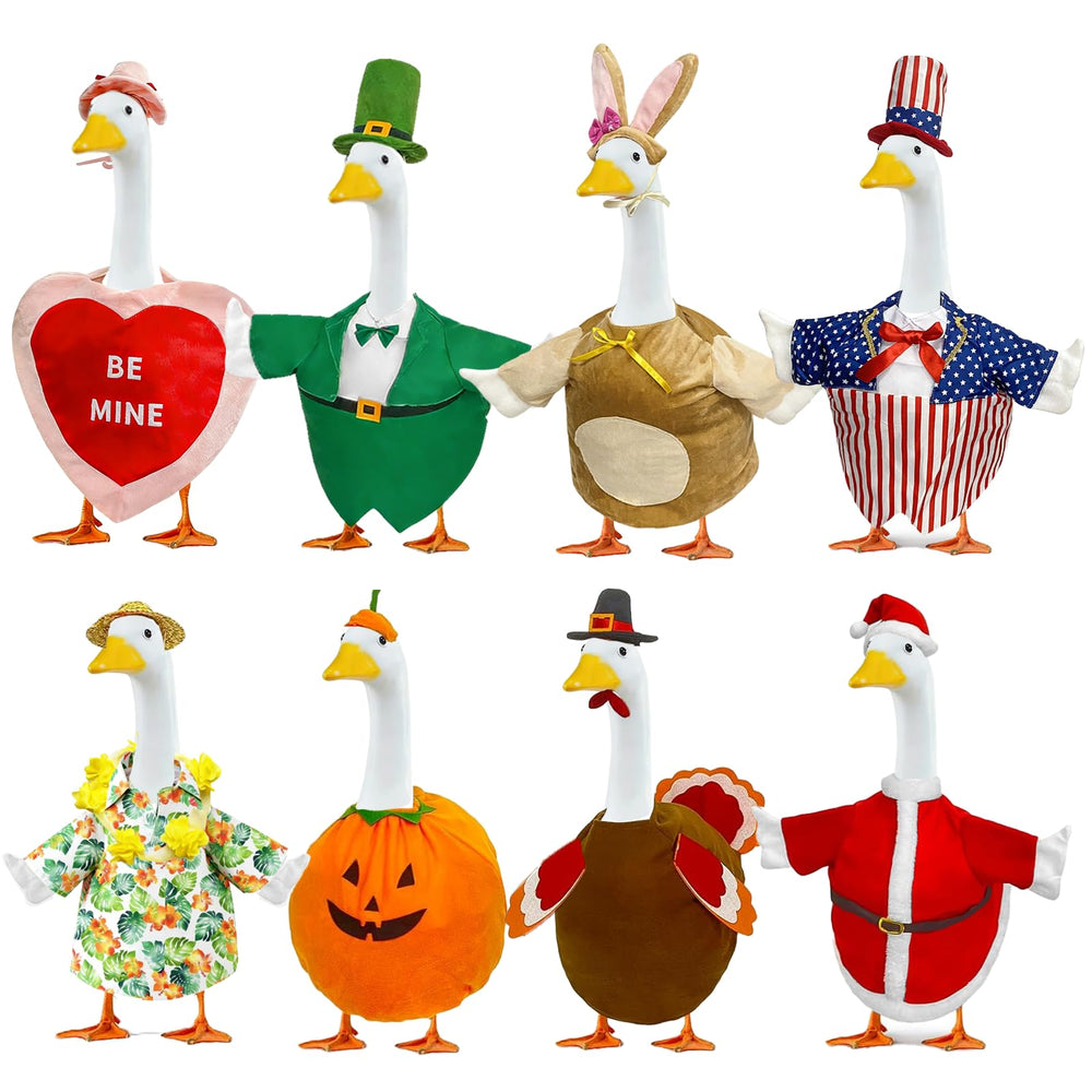 Bailiyake front view of all eight seasonal goose outfits showing variety and quick swap benefit