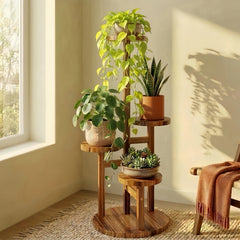 Bamworld 4-tier plant stand front view showing brown pine and organized pots for better display